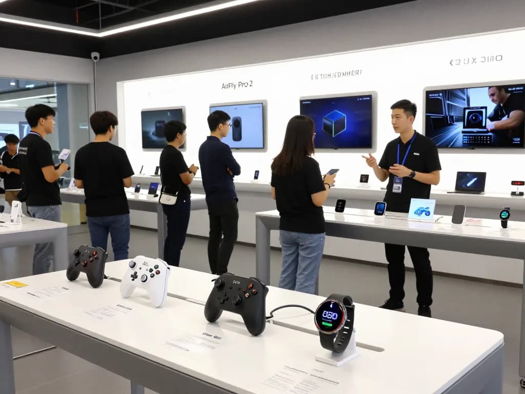 Latest tech gadgets 2097 showcased in a dynamic retail environment featuring popular Bluetooth devices.