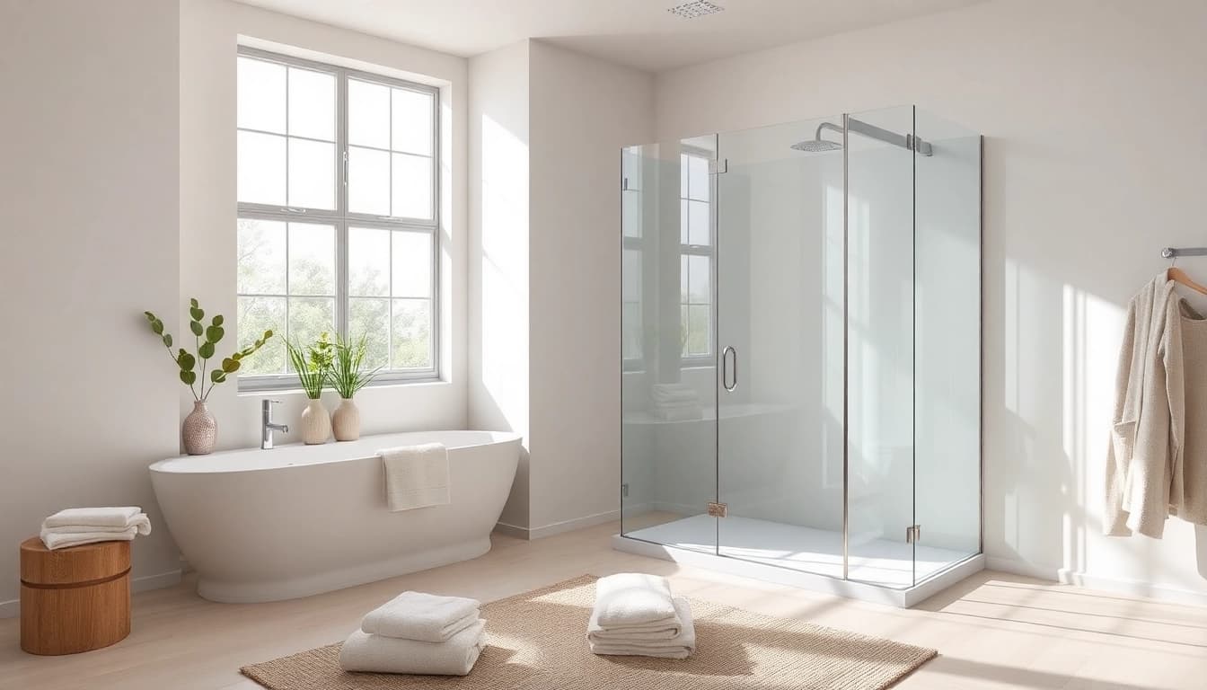 Install stylish shower screens for walk in showers in a bright, elegant bathroom setting.