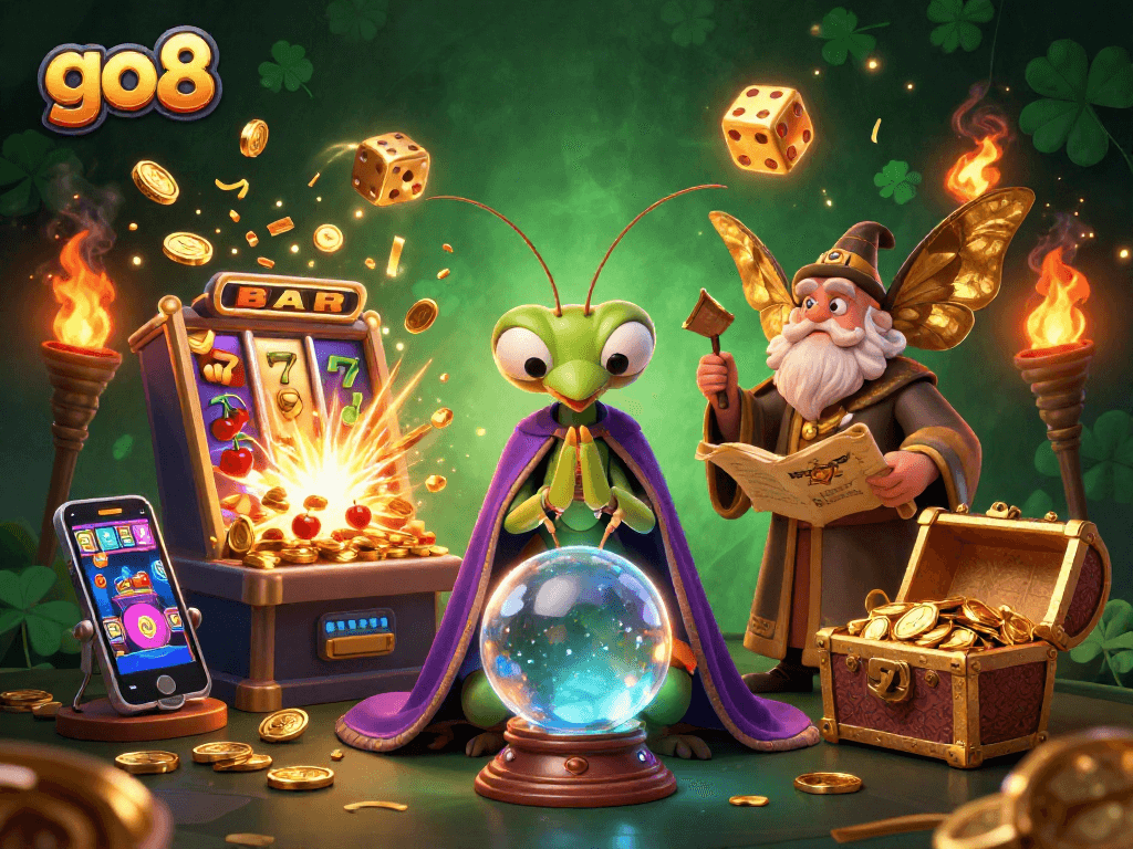 Experience thrilling jackpots and vibrant games at go8 with a digital fortune teller, bursting slot machine, and rich casino atmosphere.