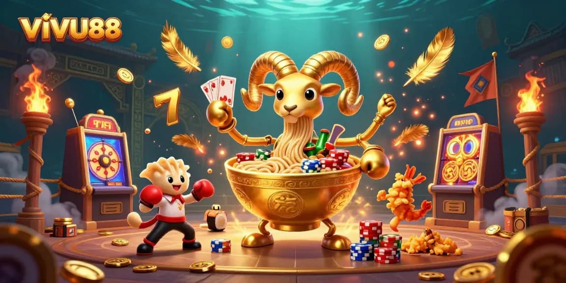 Experience thrilling gameplay in VIVU88's vibrant casino with golden ramen bowl dealing cards.