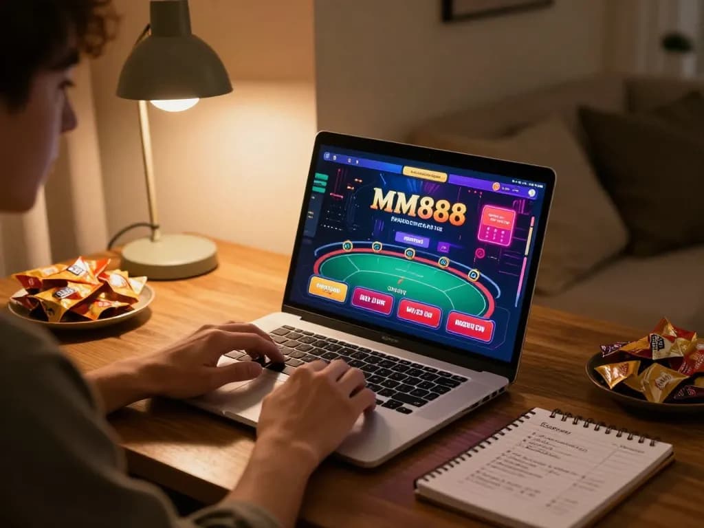 Engaged player using mm888 to explore online poker options in a cozy home environment