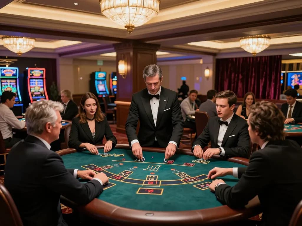 Players placing high-stakes bets at an exclusive blackjack table in a luxurious VIP casino area with intense gameplay and windd atmosphere