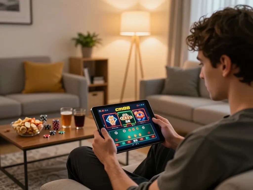Engaging online gambling experience at cm88 with a player using a tablet in a cozy living room.