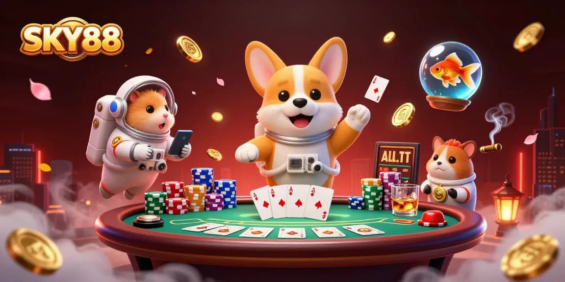 Experience thrilling gameplay at SKY88 with a vibrant casino scene featuring astronaut corgi and poker elements.