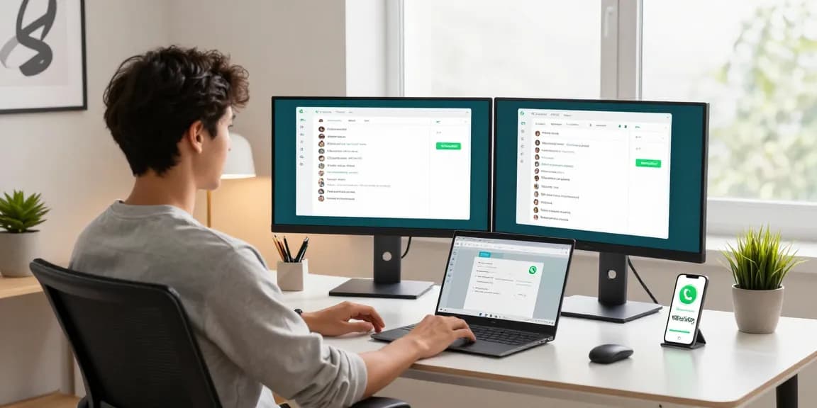 Engaging with WhatsApp電腦版 in a stylish modern home office setup with dual monitors.