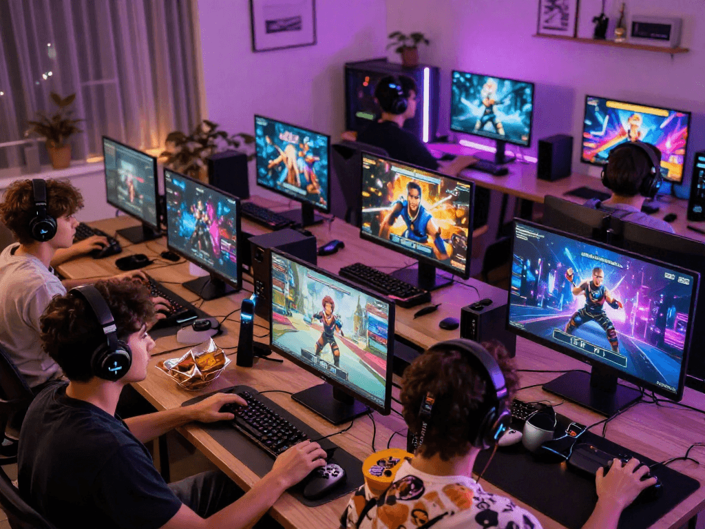Players enjoying porn games online in a vibrant gaming hub atmosphere.