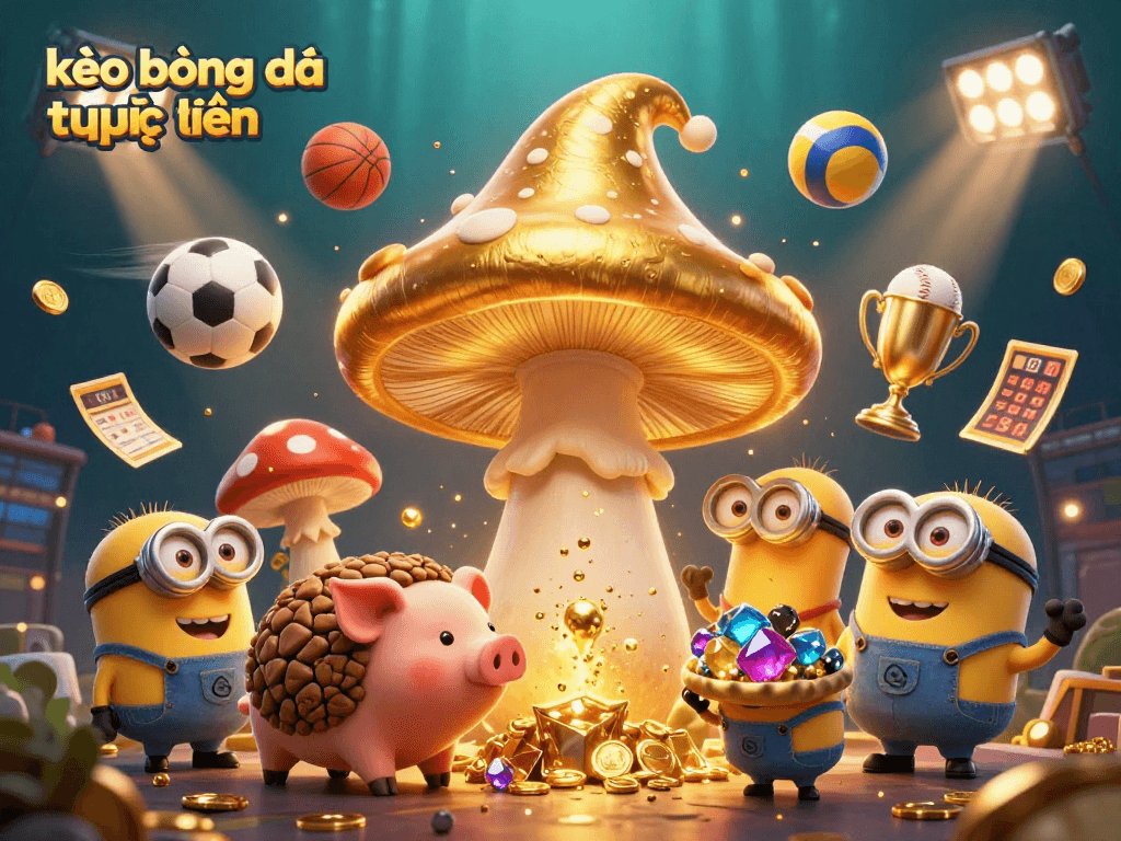 Bet on kèo bóng đá trực tuyến with vibrant golden mushroom wizards amid dynamic sports betting elements.
