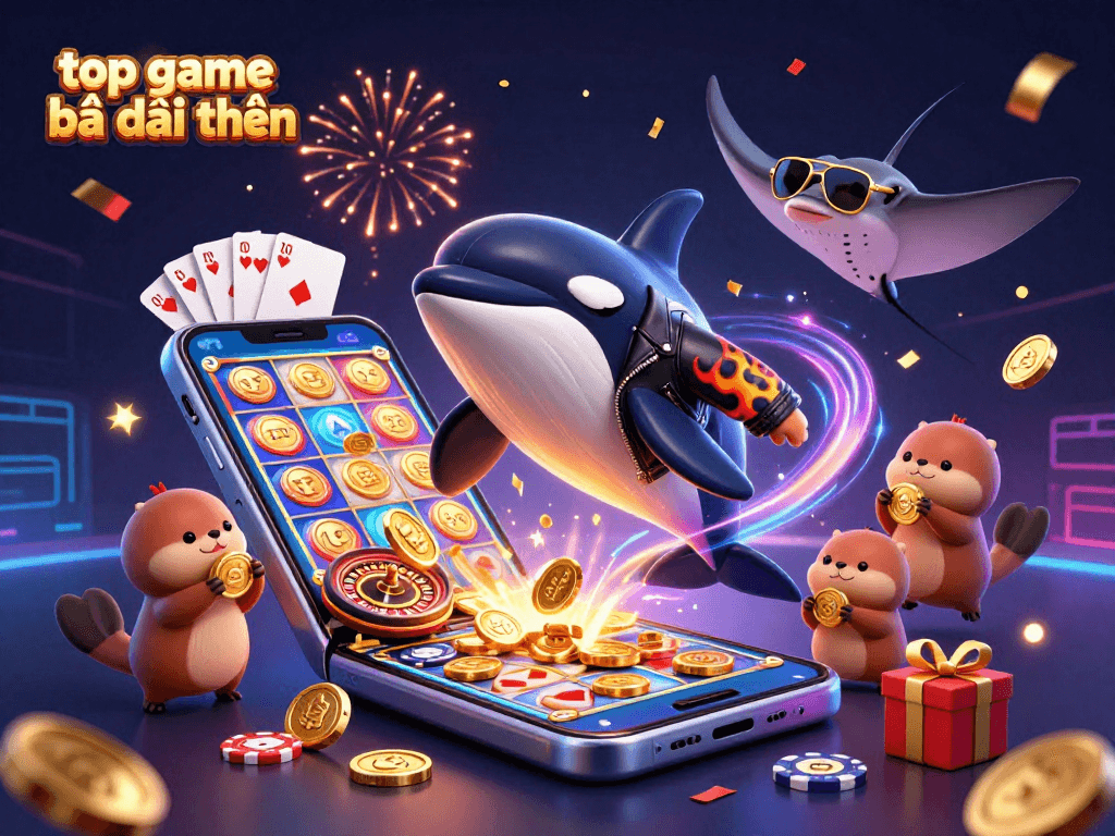 Experience the excitement of top game bài đổi thưởng with this vibrant 3D scene featuring engaging casino elements and animated characters.