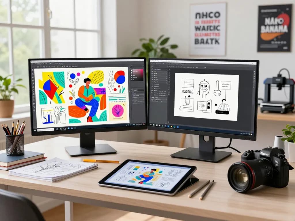 Designer using nano banana flash in a modern workspace for creative AI editing.