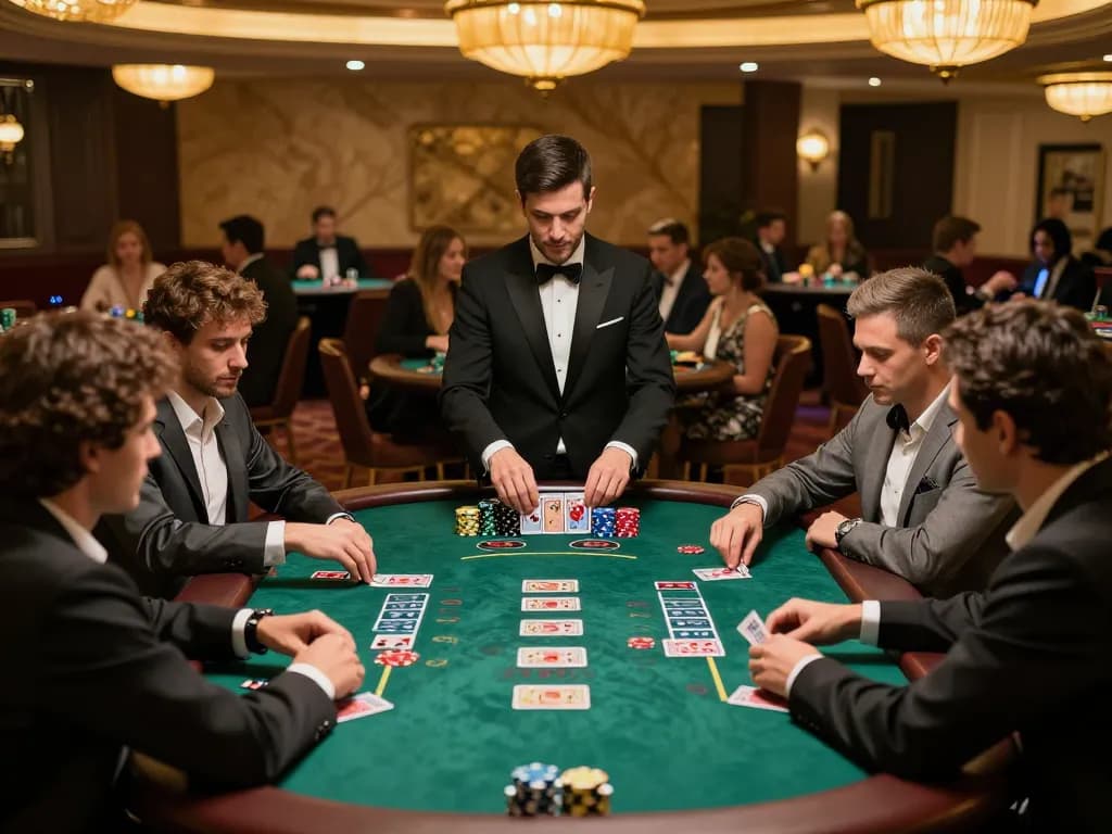 Players at jun88 engage in an exciting blackjack game, vibrant chips and cards in action.