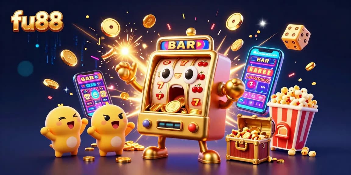 fu88 slot machine shocks everyone by hitting a jackpot, coins pouring out in an exciting casino scene.