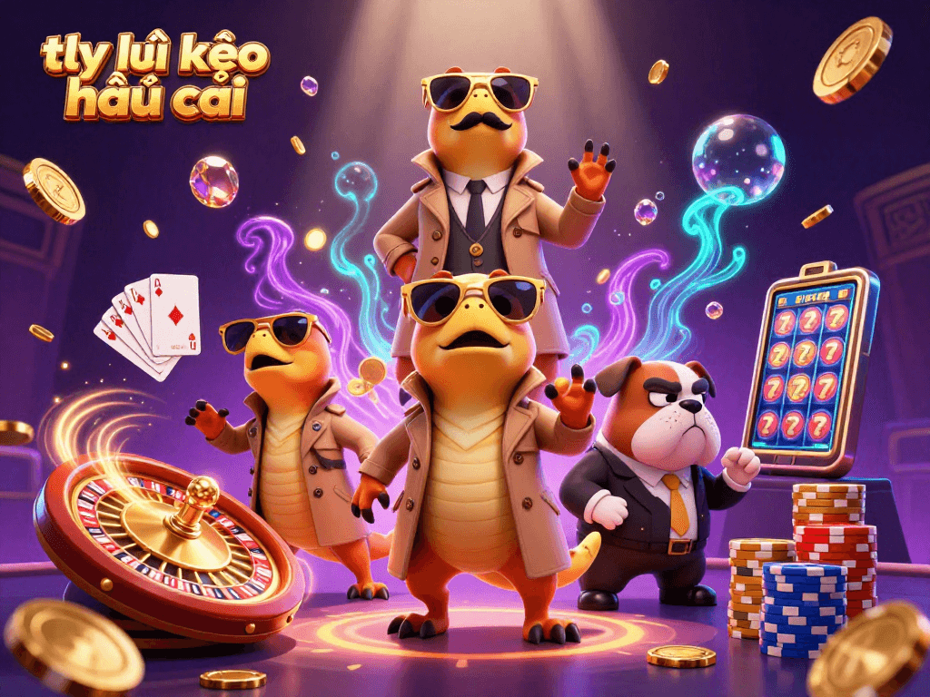 Experience the excitement of tỷ lệ kèo nhà cái in a vibrant casino scene featuring three raptors.