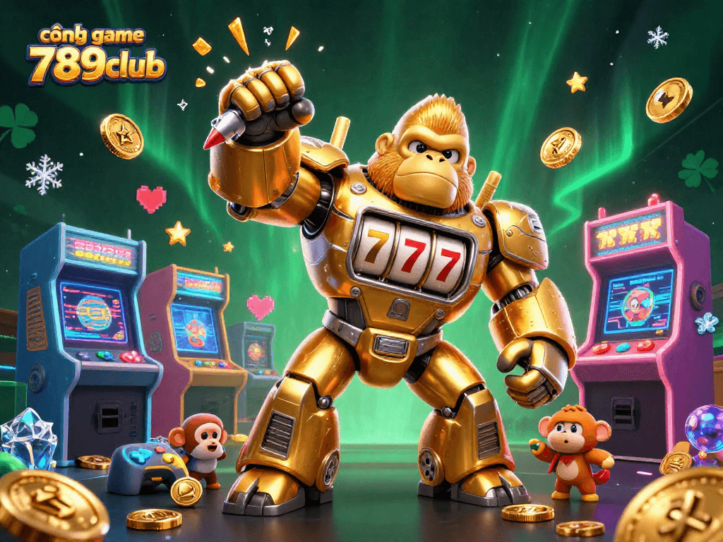 Cấp game 789club brings excitement with a golden mech and vibrant arcade machines in a casino scene