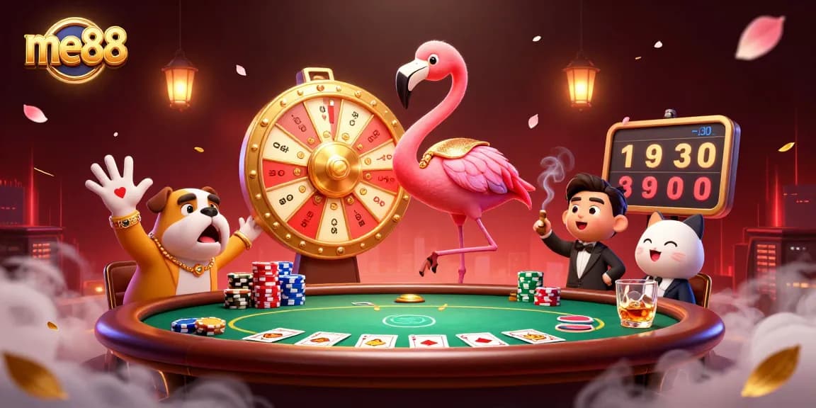 Experience thrilling gaming at me88 with a flamingo host, bulldog contestant, and exciting prizes!