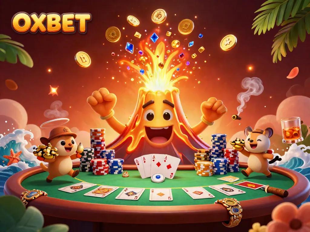 Experience the thrill of OXBET with a vibrant 3D illustration showcasing dynamic poker gameplay.