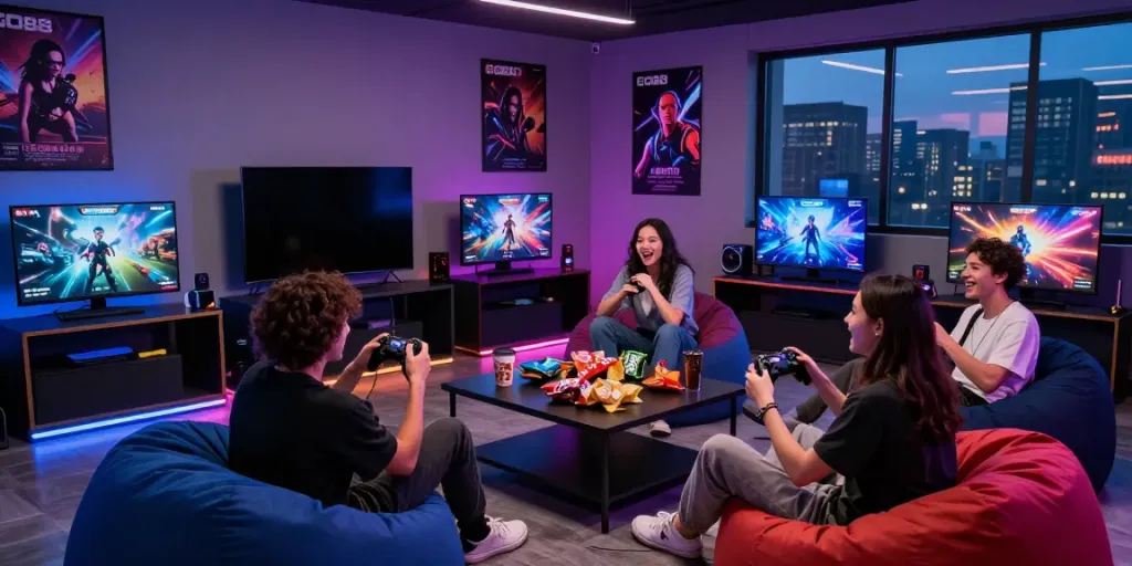Friends enjoying a gaming session together at a cozy lounge, featuring games from GO88.COM.