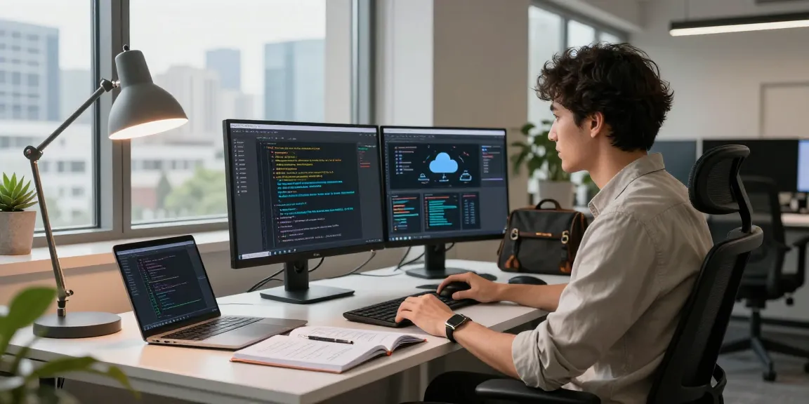 Showcasing 18+ ai development in a modern workspace with software engineer and multiple screens displaying tech visuals.