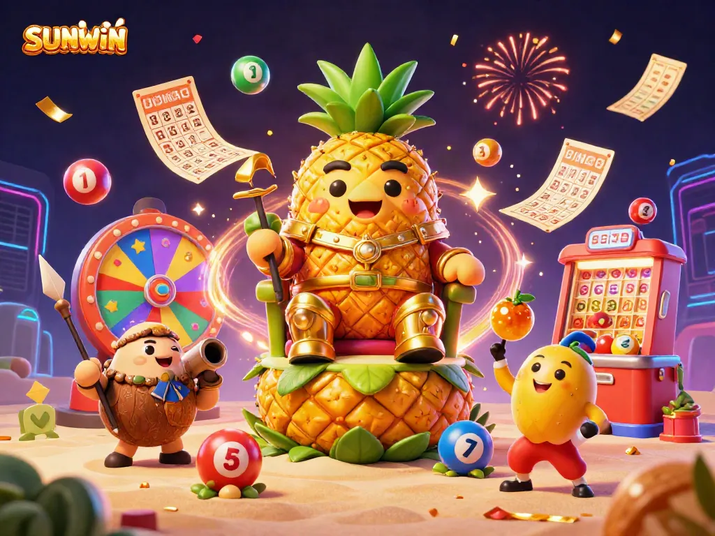 SUNWIN brings a vibrant casino experience with a golden pineapple king and tropical elements in a dynamic illustration.
