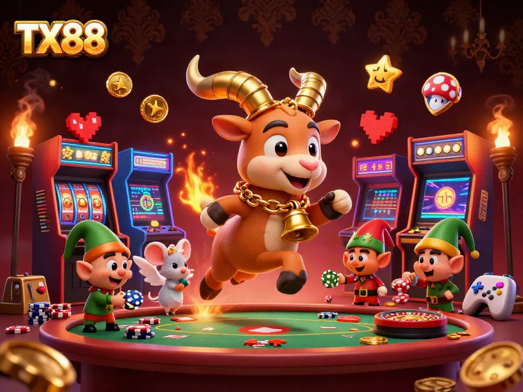 TX88 casino scene featuring Krampus goat, tiny angel mouse, and gremlins in action.