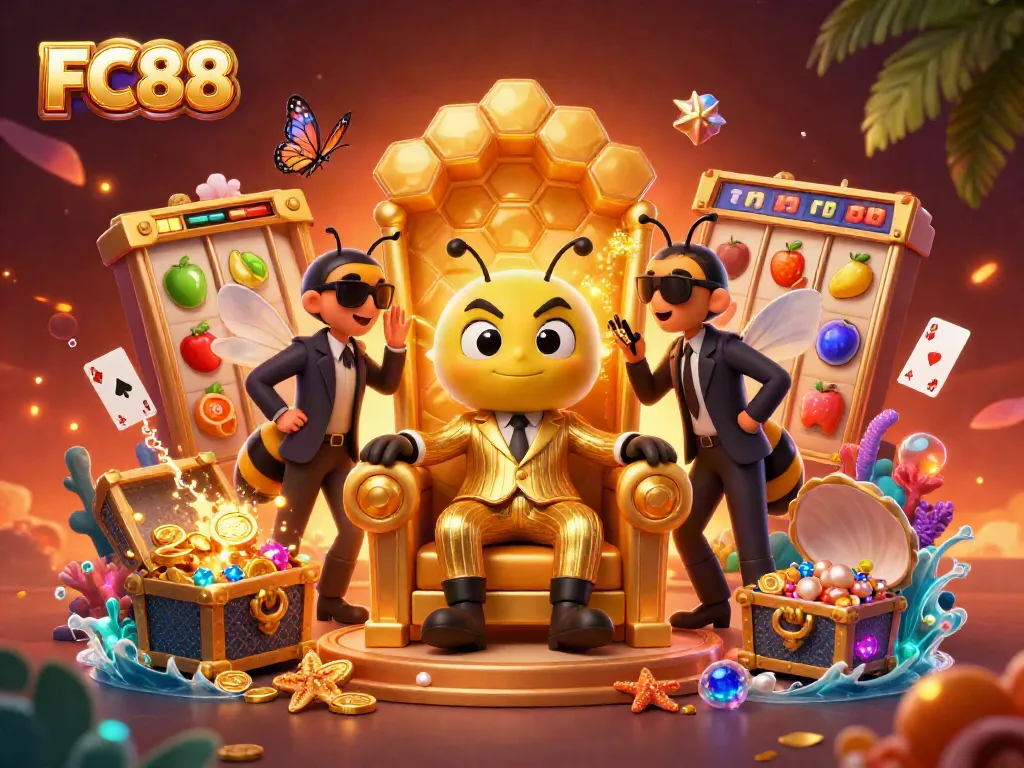 FC88 offers vibrant slot games featuring dynamic characters in a lively, colorful casino scene.