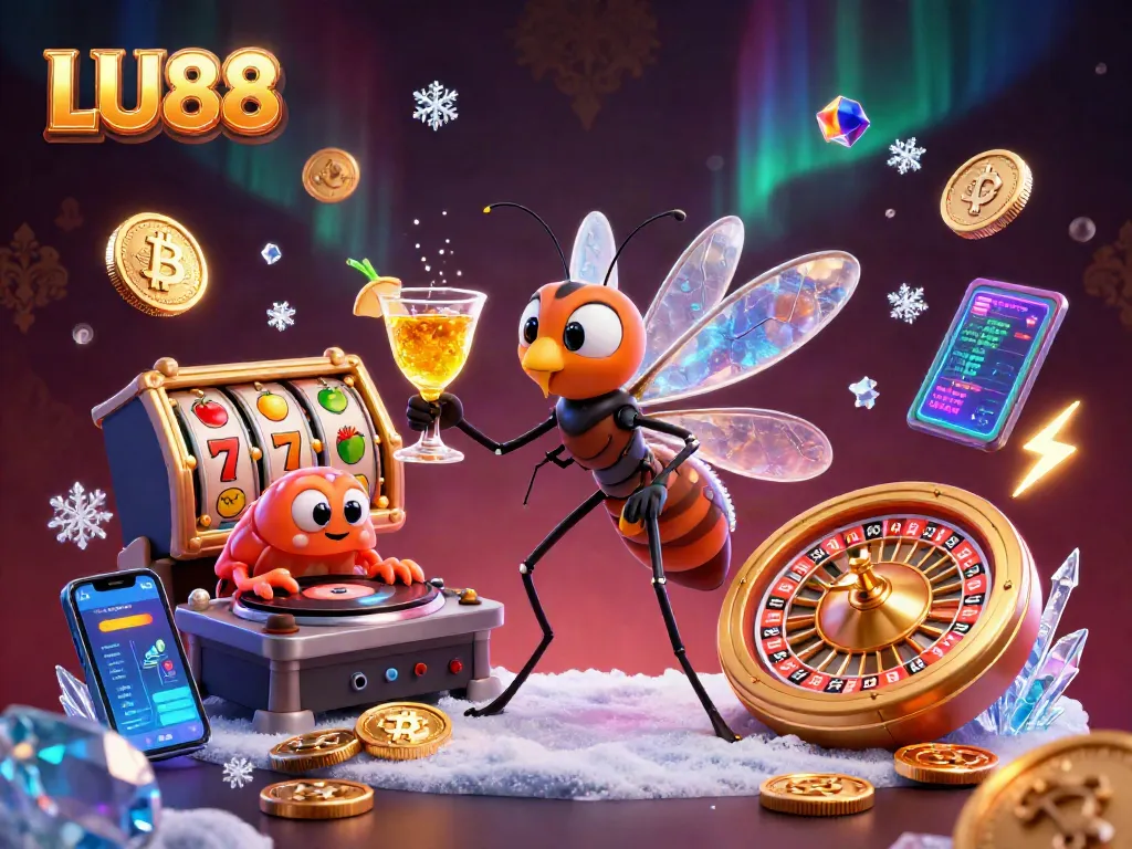 Engage with LU88's vibrant casino scene featuring a 3D cartoon mosquito mascot, trilobite DJ, and golden roulette wheel.