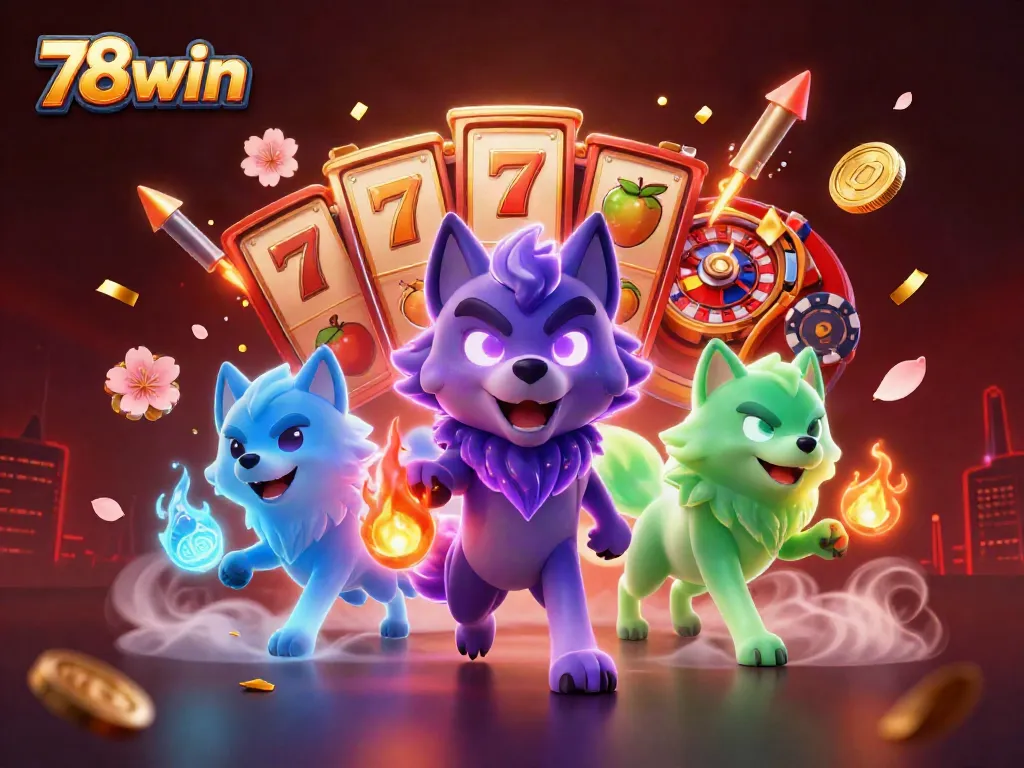 Engage with thrilling 78win gaming action featuring vibrant slot reels and mystical wolf spirits.