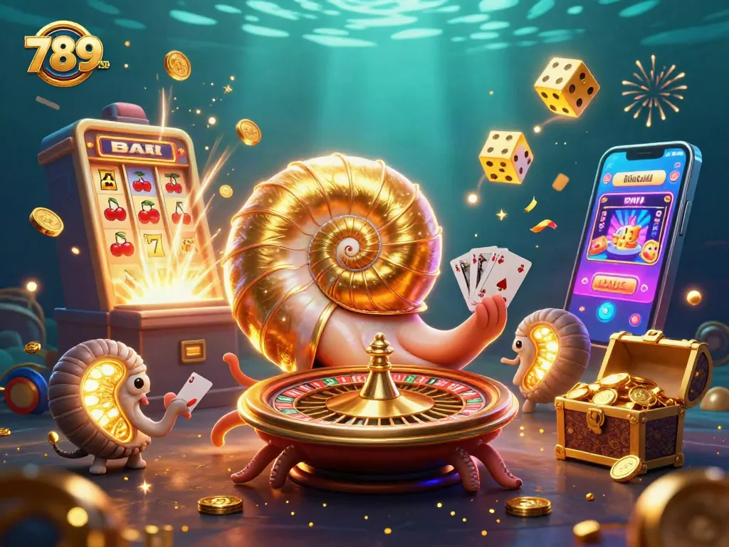 Experience the thrill of 789CLUB with a giant nautilus roulette and vibrant casino elements.