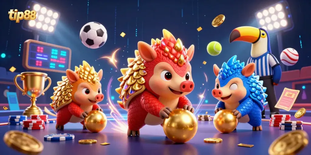 Engaging illustration of tip88's vibrant gambling theme with rival pangolins competing among casino elements.