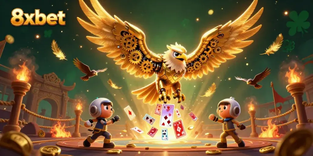 Experience the thrilling world of 8xbet with a dynamic illustration of a cybernetic eagle soaring through casino elements.