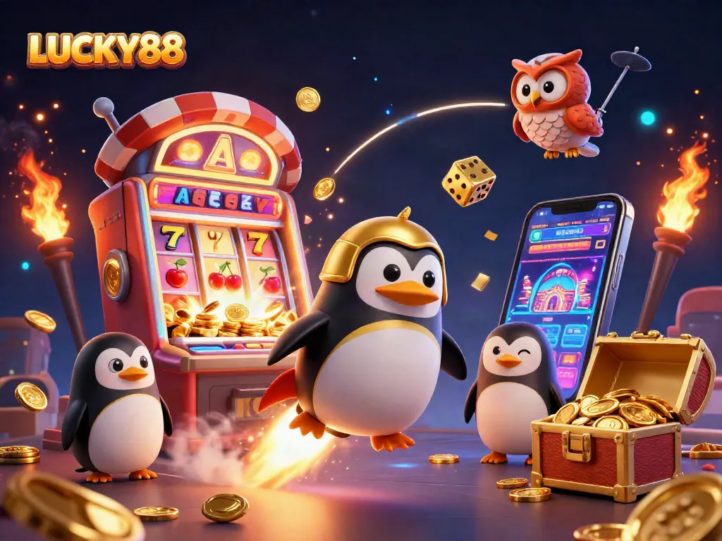 Experience the excitement of LUCKY88 with vibrant 3D illustrations of casino symbols and a gold penguin.