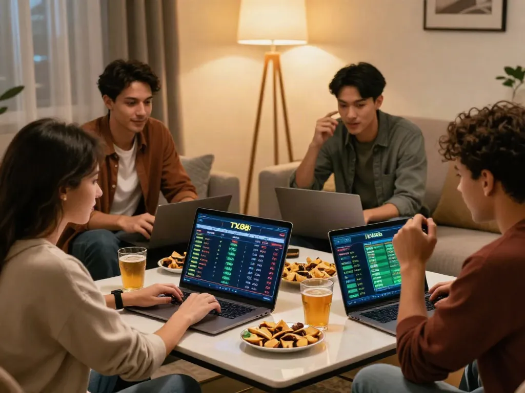 Online gambling excitement with friends betting on http://tx88-onl.net/ in a cozy living room.