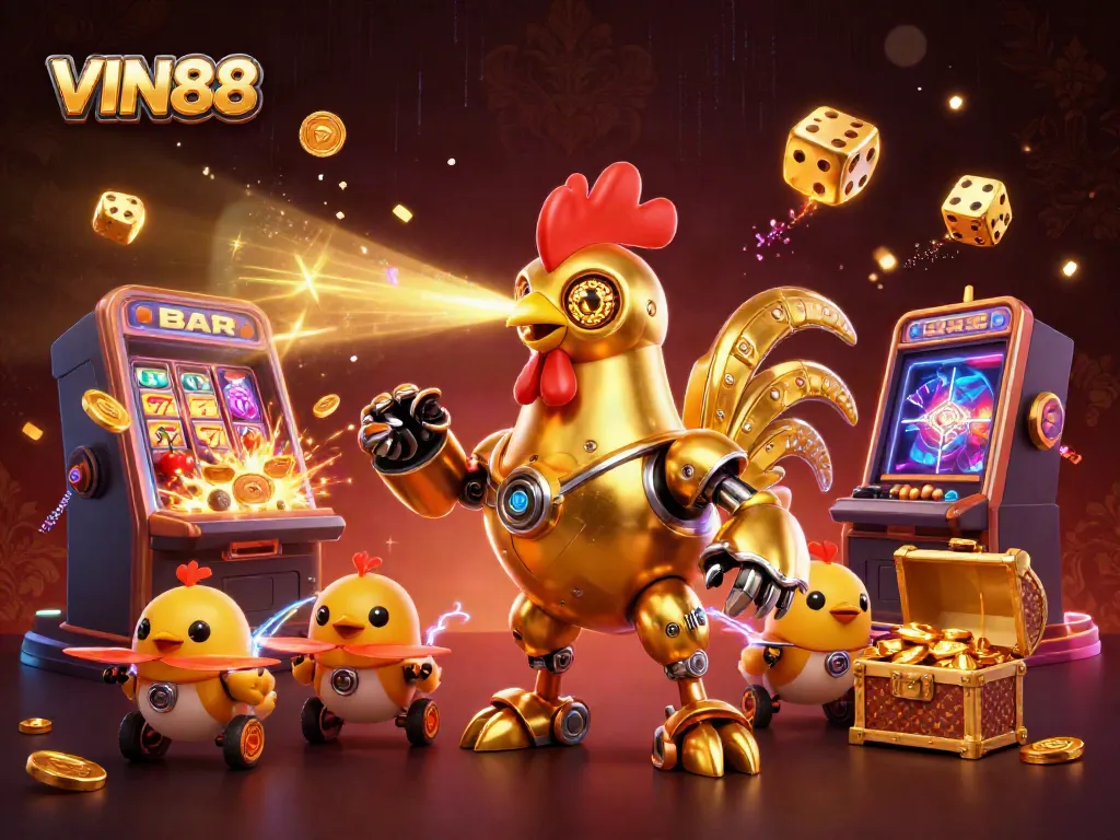 Engage with thrilling gameplay at VIN88, featuring golden rooster robot and exhilarating slot machine action.