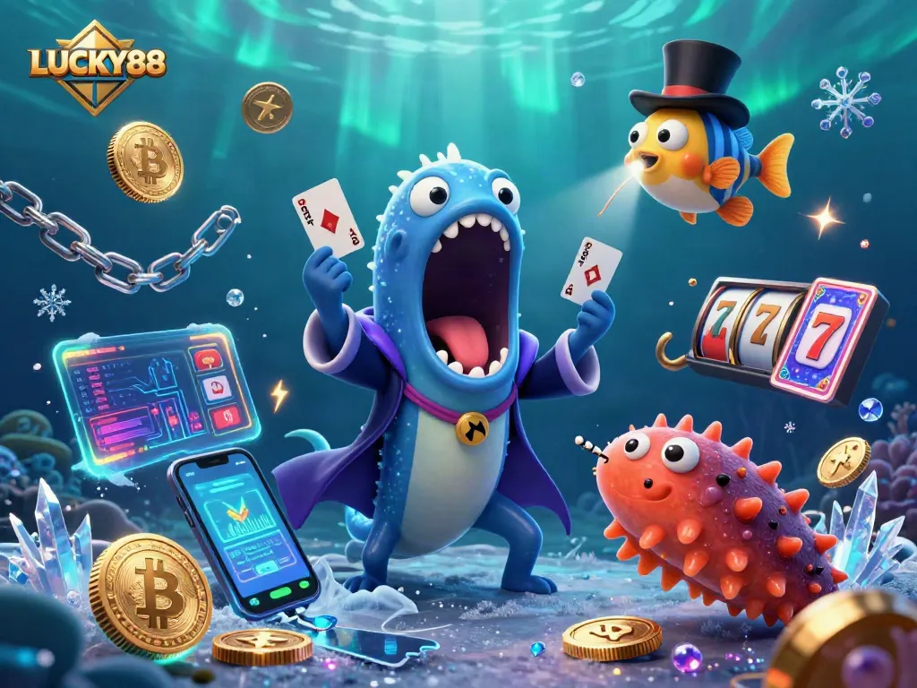 Engage with LUCKY88's exciting online casino adventures featuring magical sea creatures and vibrant crypto elements.