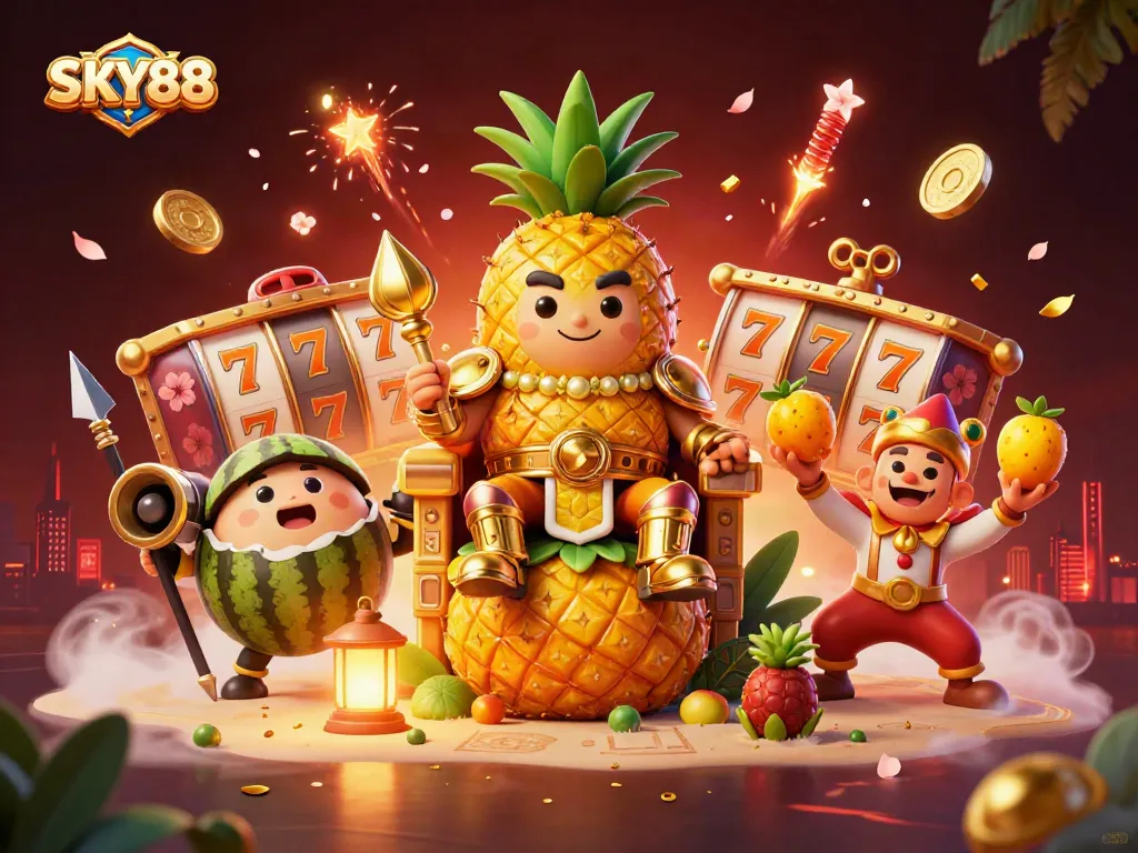 Experience the excitement at SKY88 with vibrant gaming elements and rich tropical visuals in this dynamic casino scene.