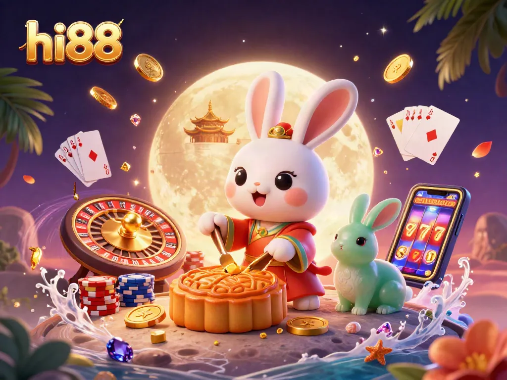 Engage with hi88 by winning poker chips revealed from mooncakes in a vivid 3D casino scene.