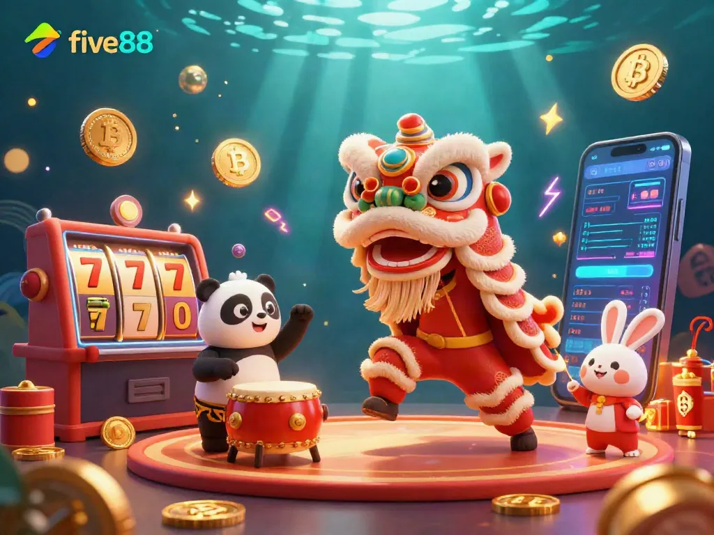Engage with five88's lively casino scene featuring a lion dance, crypto coins, and vibrant gaming elements.