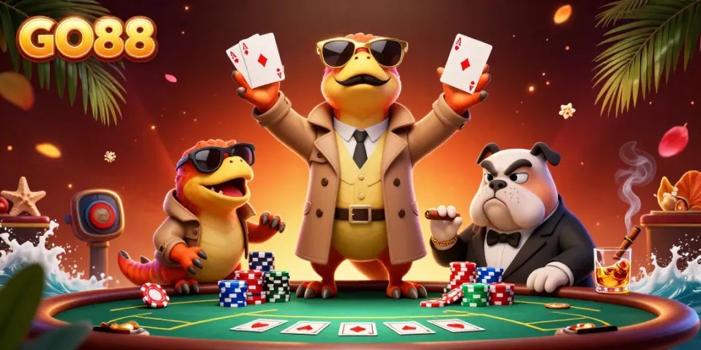 Experience the GO88 thrill with raptors in disguise entering a lively VIP casino lounge.