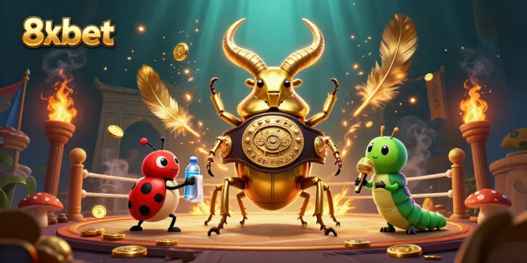 Engage with 8xbet in this lively 3D illustration showcasing a unique online gaming battle scene with vibrant characters and casino elements.