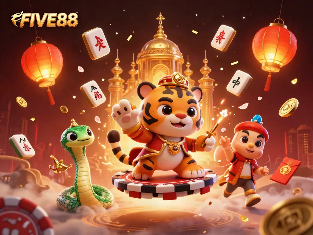 Engage in thrilling gameplay at FIVE88 with a vibrant 3D casino scene highlighting exotic characters and dynamic elements.