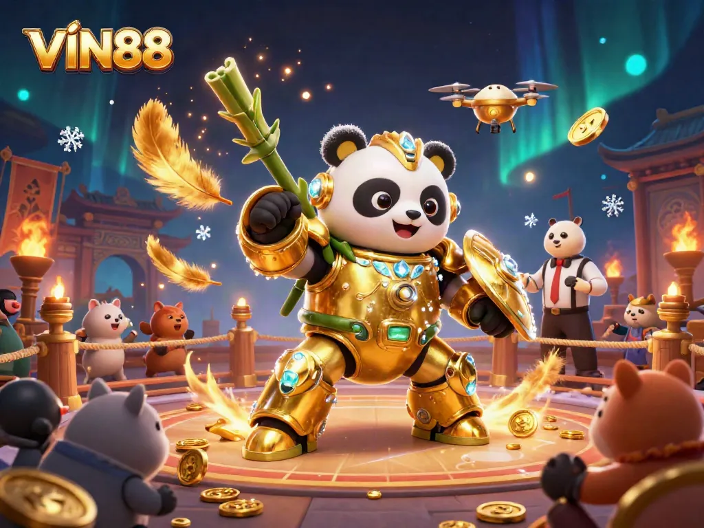 Engage in thrilling gameplay with VIN88, featuring a vibrant 3D panda mech in a dynamic betting arena.