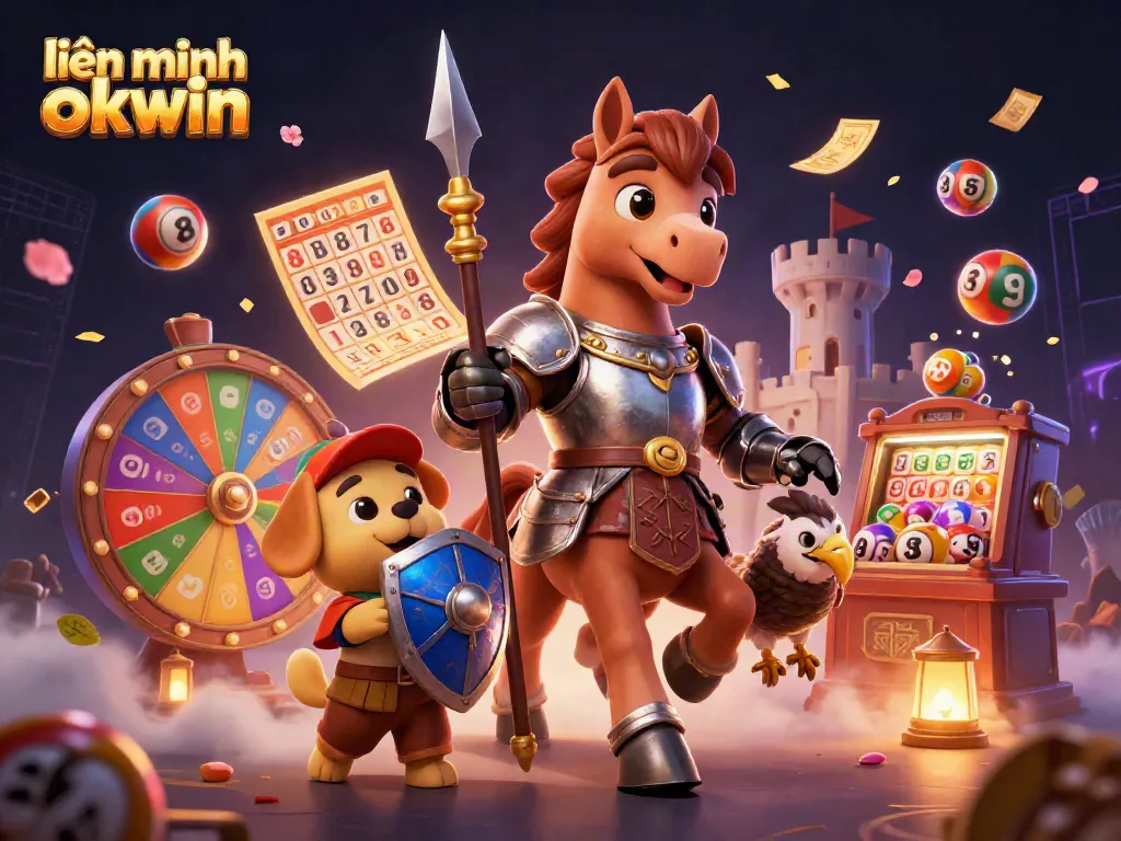 Engaging scene showcasing liên minh okwin with a knight, puppy, and falcon surrounded by vibrant lottery elements.