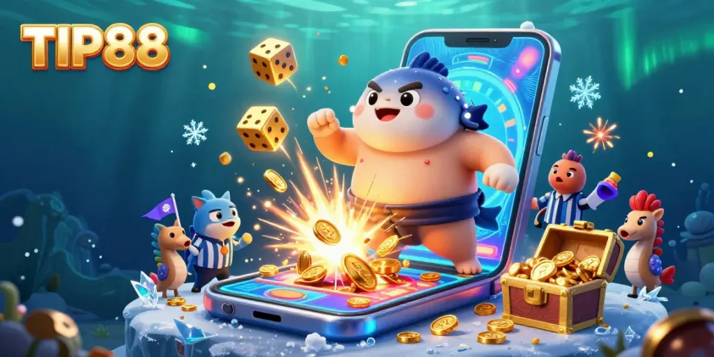 Engage in thrilling TIP88 casino action with a vibrant underwater scene featuring slot machine excitement.
