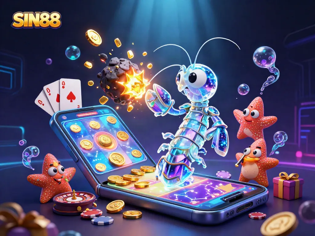 SIN88 showcases a 3D mantis shrimp punching through an asteroid, surrounded by slot game elements and golden coins.