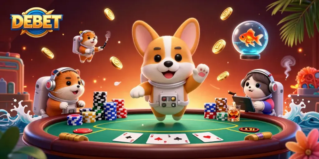 Experience DEBET gaming with a 3D floating casino scene featuring fun characters and poker elements.