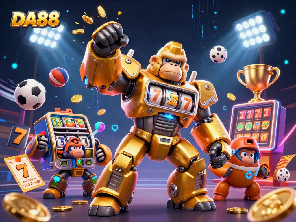 DA88 gaming illustration with a transformer-style mech and sports elements exploding in action.