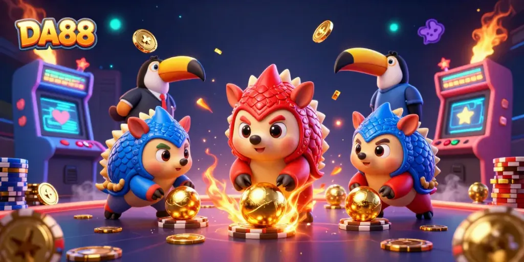 DA88 pangolins compete in a vibrant casino scene, rolling golden balls and poker chips.