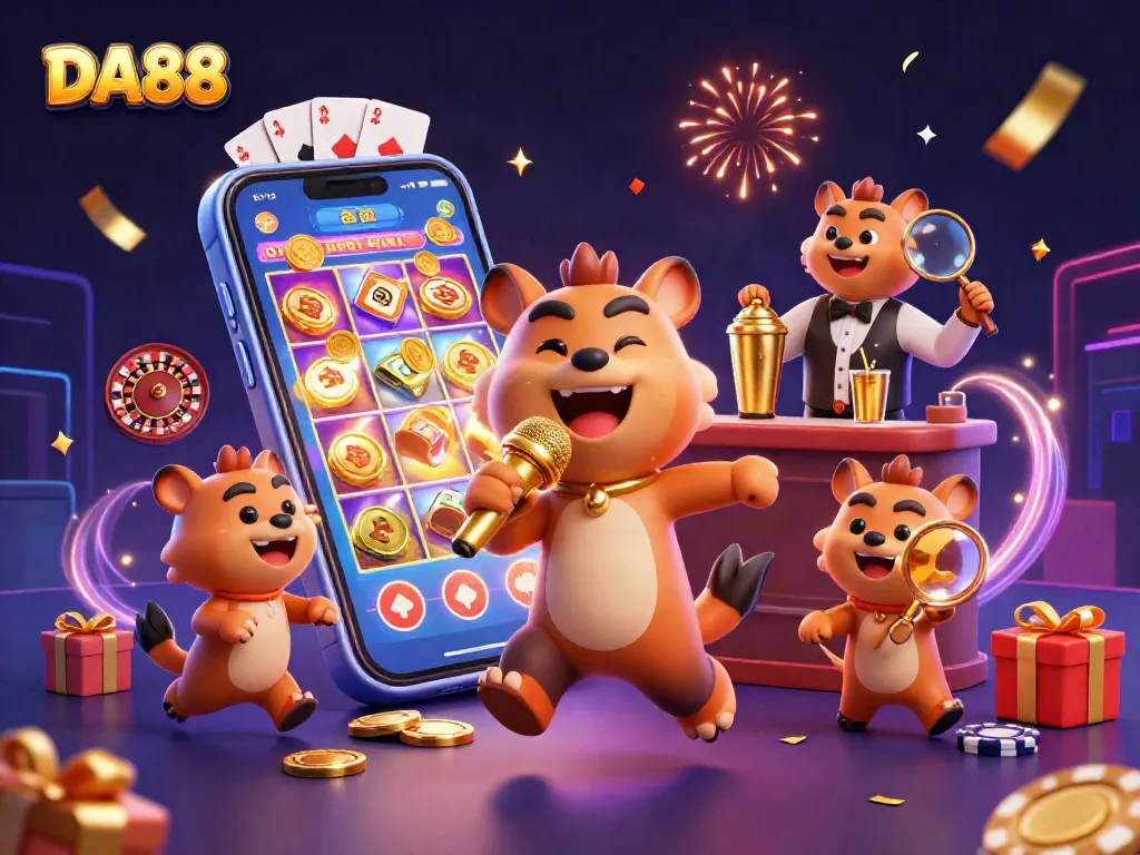 DA88 offers exciting moments in a vibrant comedy casino illustrated by cartoon hyenas.