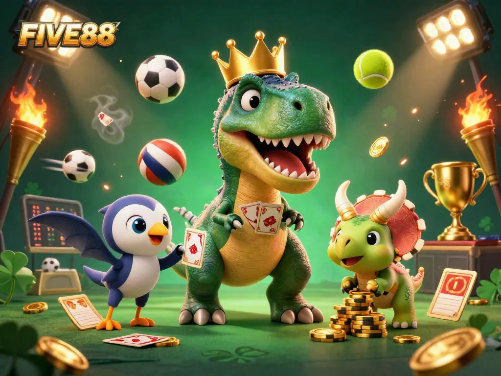 Engage with FIVE88's dynamic 3D casino scene featuring playful dinosaurs, sports elements, and vibrant graphics.