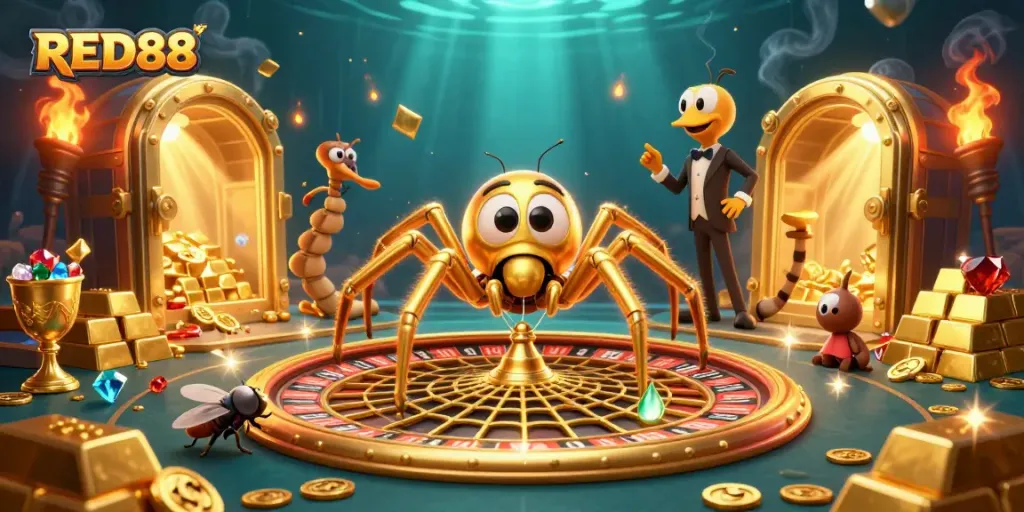 Engage with RED88's thrilling casino experience depicted in a dynamic 3D scene featuring vibrant characters and luxurious treasures.