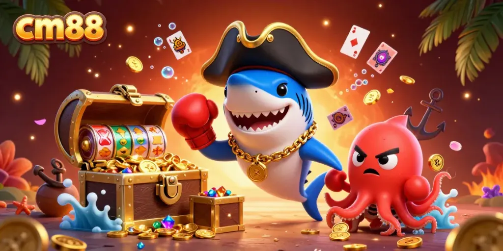 Spin and win with cm88's dynamic gambling scene featuring a pirate shark and playful octopus.
